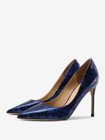 ブルー ハイヒール ポインテッドトゥ プリント スティレット ヒール ドレス パンプス