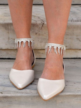 アイボリーブライダルシューズポインテッドトゥラインストーンアンクルストラップウェディングシューズ