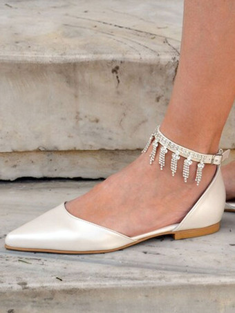 アイボリーブライダルシューズポインテッドトゥラインストーンアンクルストラップウェディングシューズ