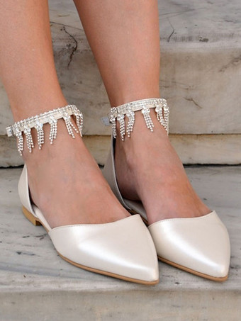 アイボリーブライダルシューズポインテッドトゥラインストーンアンクルストラップウェディングシューズ