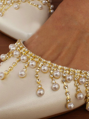 フラットブライダルシューズアイボリーポインテッドトゥパールディテールウェディングシューズ