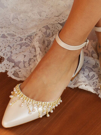 フラットブライダルシューズアイボリーポインテッドトゥパールディテールウェディングシューズ