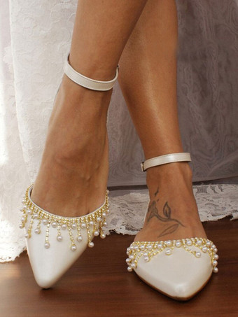 アイボリーフラットブライダルシューズアイボリーポインテッドトゥパールディテールウェディングシューズ