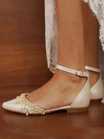 フラットブライダルシューズアイボリーポインテッドトゥパールディテールウェディングシューズ