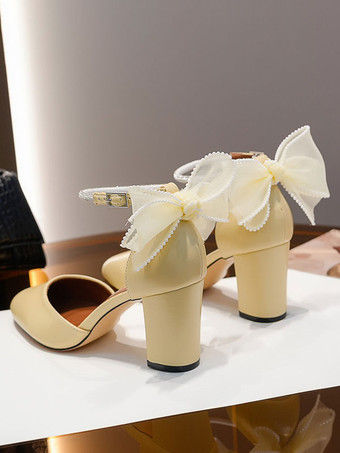 レディース ブロックヒール パンプス リボン ラウンドトゥ アンクルストラップ パンプス