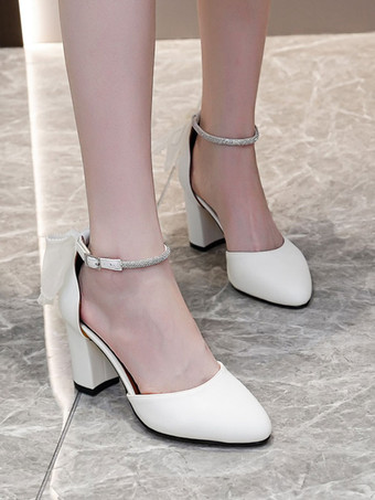 レディース ブロックヒール パンプス リボン ラウンドトゥ アンクルストラップ パンプス