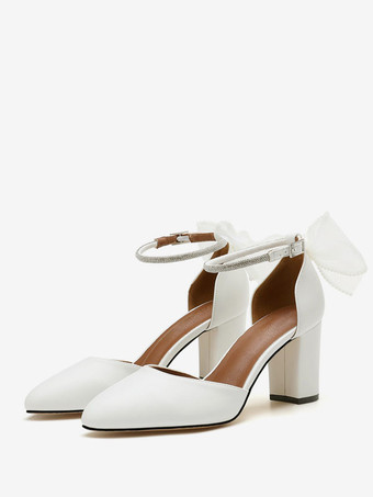 ホワイト レディース ブロックヒール パンプス リボン ラウンドトゥ アンクルストラップ パンプス
