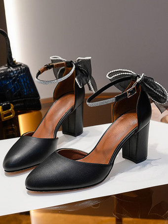 レディース ブロックヒール パンプス リボン ラウンドトゥ アンクルストラップ パンプス