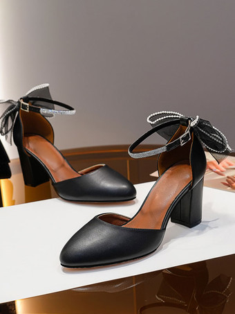 レディース ブロックヒール パンプス リボン ラウンドトゥ アンクルストラップ パンプス