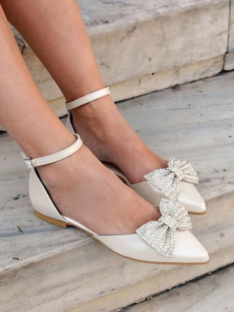 フラットウェディングシューズポインテッドトゥラインストーンリボンアンクルストラップパンプス