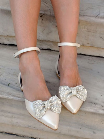 フラットウェディングシューズポインテッドトゥラインストーンリボンアンクルストラップパンプス