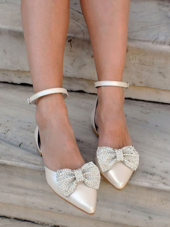 フラットウェディングシューズポインテッドトゥラインストーンリボンアンクルストラップパンプス