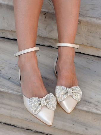 フラットウェディングシューズポインテッドトゥラインストーンリボンアンクルストラップパンプス