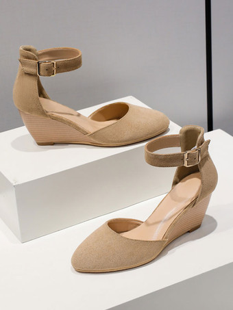 ディープアプリコットレディース ウェッジ パンプス ラウンドトゥ ロートップ スエード アンクル ストラップ パンプス