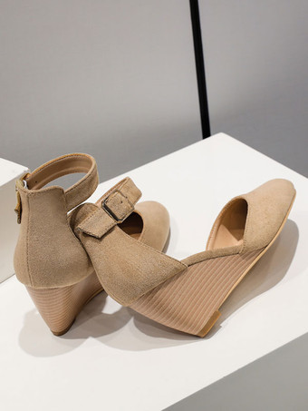 レディース ウェッジ パンプス ラウンドトゥ ロートップ スエード アンクル ストラップ パンプス