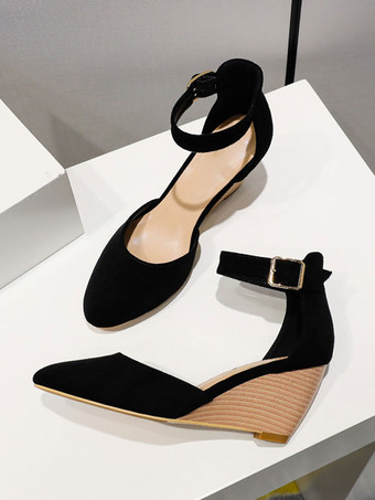 レディース ウェッジ パンプス ラウンドトゥ ロートップ スエード アンクル ストラップ パンプス