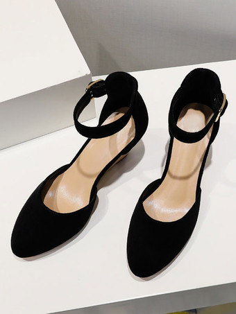 レディース ウェッジ パンプス ラウンドトゥ ロートップ スエード アンクル ストラップ パンプス