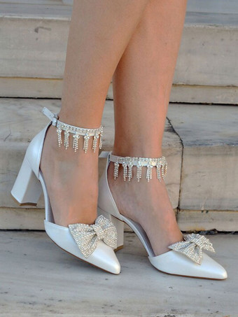 アイボリー ウェディング シューズ ブロック ヒール ポインテッドトゥ ラインストーン ボウ アンクル ストラップ ブライダル パンプス