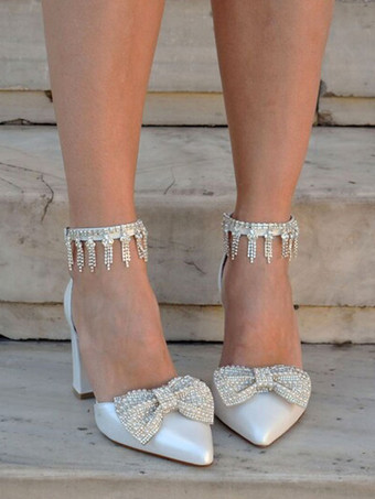 アイボリー ウェディング シューズ ブロック ヒール ポインテッドトゥ ラインストーン ボウ アンクル ストラップ ブライダル パンプス