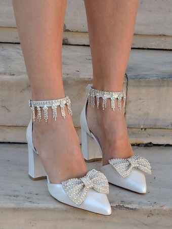 アイボリー ウェディング シューズ ブロック ヒール ポインテッドトゥ ラインストーン ボウ アンクル ストラップ ブライダル パンプス