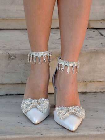 アイボリー ウェディング シューズ ブロック ヒール ポインテッドトゥ ラインストーン ボウ アンクル ストラップ ブライダル パンプス