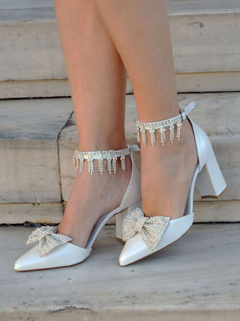 アイボリー ウェディング シューズ ブロック ヒール ポインテッドトゥ ラインストーン ボウ アンクル ストラップ ブライダル パンプス