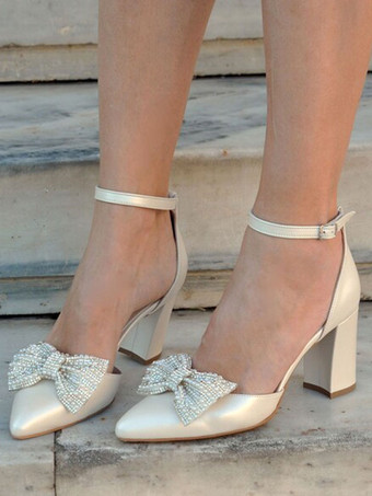 アイボリーブロックヒール ウェディングシューズ ポインテッドトゥ ライントーン リボン ブライダル パンプス