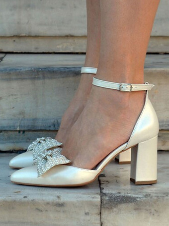 ブロックヒール ウェディングシューズ ポインテッドトゥ ライントーン リボン ブライダル パンプス
