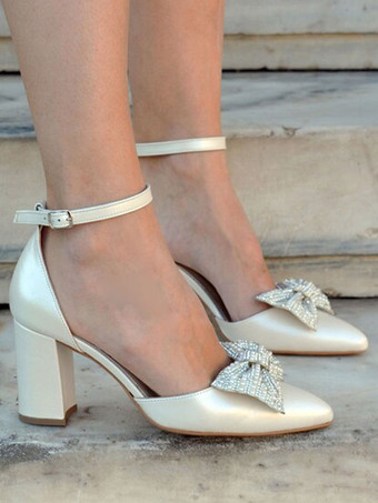 ブロックヒール ウェディングシューズ ポインテッドトゥ ライントーン リボン ブライダル パンプス