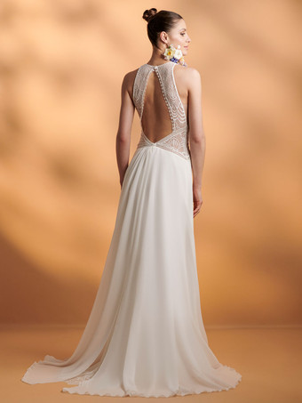 ボヘミアンウェディングドレス レース スプリットフロント Aライン スイープ ナチュラル ウエスト ジッパー ノースリーブ Vネック アイボリー