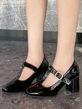 レディース ヴィンテージ シューズ スクエア トゥ T ストラップ チャンキー ヒール パンプス