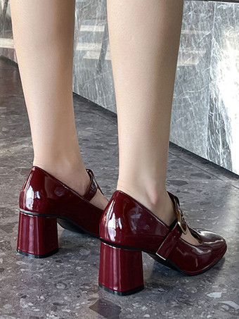 レディース ヴィンテージ シューズ スクエア トゥ T ストラップ チャンキー ヒール パンプス