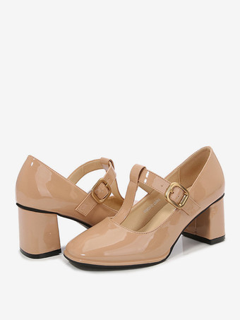 アプリコットレディース ヴィンテージ シューズ スクエア トゥ T ストラップ チャンキー ヒール パンプス