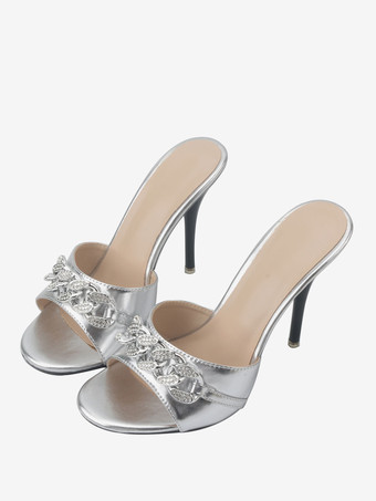 Silver Women's Buttons Round Toe PU Leather Slide Sandals Stiletto Heel Black