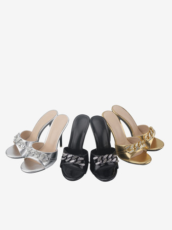 Women's Buttons Round Toe PU Leather Slide Sandals Stiletto Heel Black