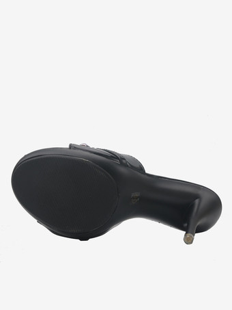 Women's Buttons Round Toe PU Leather Slide Sandals Stiletto Heel Black