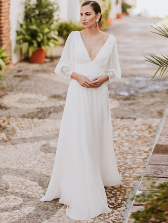 アイボリーボヘミアンウェディングドレス レース レース Aラインスイープ ナチュラルウエスト バックレス 長袖 Vネック アイボリー