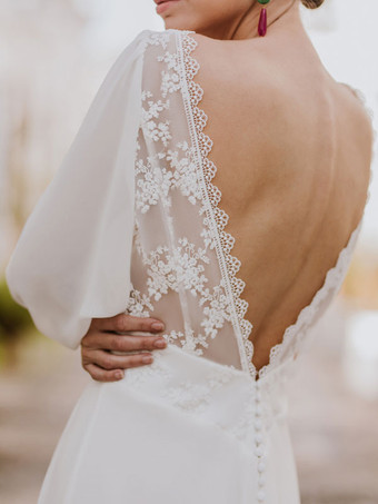 ボヘミアンウェディングドレス レース レース Aラインスイープ ナチュラルウエスト バックレス 長袖 Vネック アイボリー