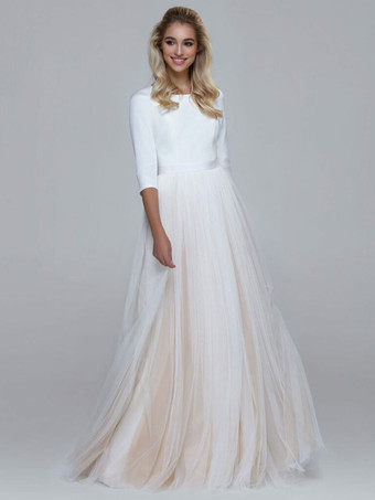 シンプルなミッドスリーブシャンパンアンダーカラースカートラウンドネックウェディングドレス