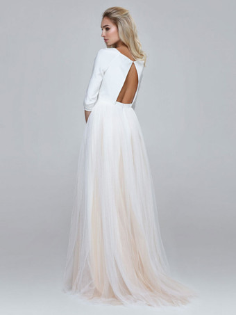 シンプルなミッドスリーブシャンパンアンダーカラースカートラウンドネックウェディングドレス