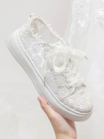 レースのウェディングシューズ ラウンドトゥ レースアップ スケート ブライダルシューズ