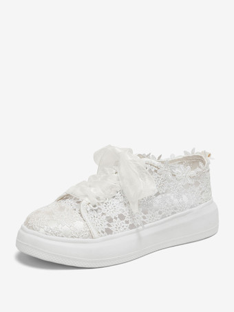 アイボリー レースのウェディングシューズ ラウンドトゥ レースアップ スケート ブライダルシューズ