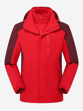 レッド メンズ ジャケット カラーブロック ジッパー ポリエステル スタイリッシュ