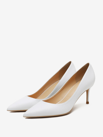 White Women's High Heels Apricot Pointed Toe Slip On Pumps
