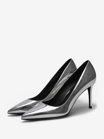 シルバー レディース ブラック ヒール ポインテッドトゥ ハイヒール パンプス