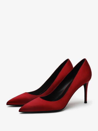 ワインレッド サテン ハイヒール ブラック ポインテッドトゥ スティレットヒール パンプス