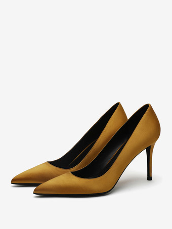 イエローサテン ハイヒール ブラック ポインテッドトゥ スティレットヒール パンプス