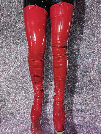 セクシーなオーバーザニーブーツレッドプラットフォームスティレットヒールサイハイブーツ