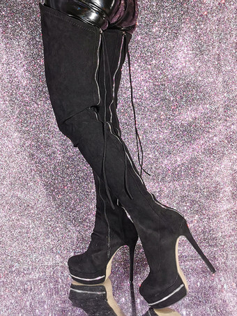 スエードサイハイブーツ ブラックプラットフォームハイヒールオーバーニーブーツ