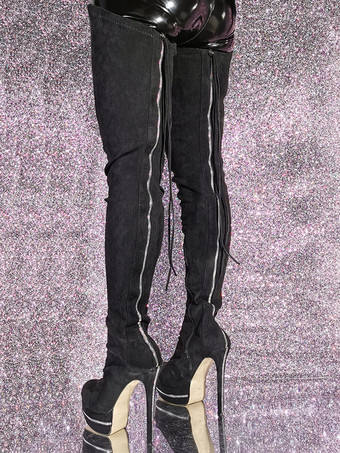 スエードサイハイブーツ ブラックプラットフォームハイヒールオーバーニーブーツ